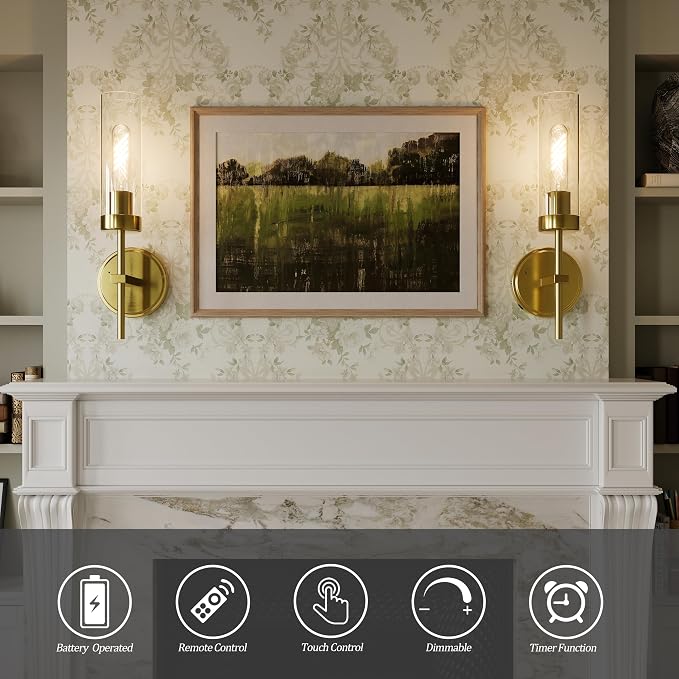 Gold Battery Operated Wall Sconce Set of 2, Wireless Wall Sconces with Remote Control, Rechargeable 3000K Dimmable Wall Light for Bedroom Living Room Bathroom Hallway Entryway Stairwell