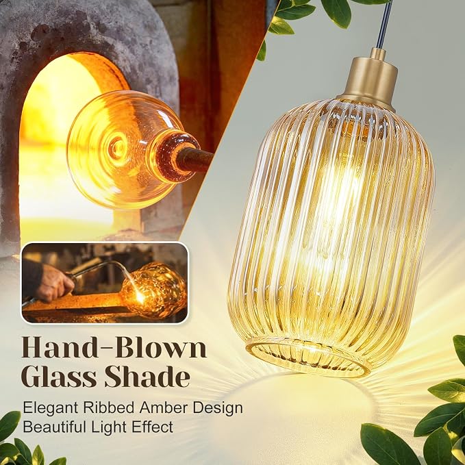 2 Pack Pendant Lights with Vintage Amber Ribbed Glass Lampshade, Adjustable Black and Gold Pendant Lights Fixtures for Kitchen Island Lighting Sink, Dining & Living Room Hallway (Bulbs Not Included)