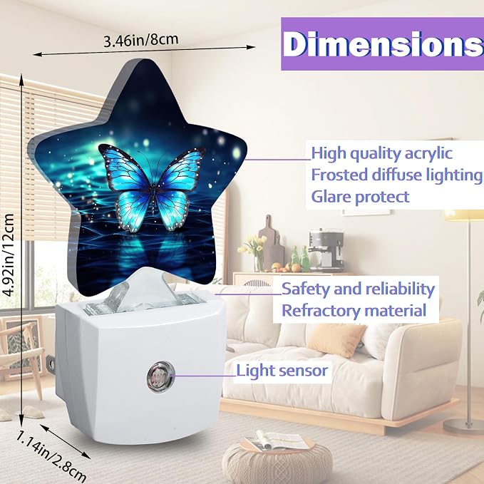Night Lights Plug Into Wall Decorative,Blue Butterfly Nightlights for Kids Bedroom, Fantasy Energy Efficient Dusk-to-Dawn Sensor Sleep Friendly Lamp for Nursery Bathroom