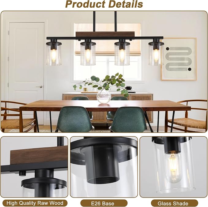 29.3" Farmhouse Dining Room Fixture Over Table, Black Chandelier | 4-Light, Modern Rustic Wood Frame, Adjustable Height, Clear Glass Shade, Ceiling Pendant Lighting for Kitchen Island