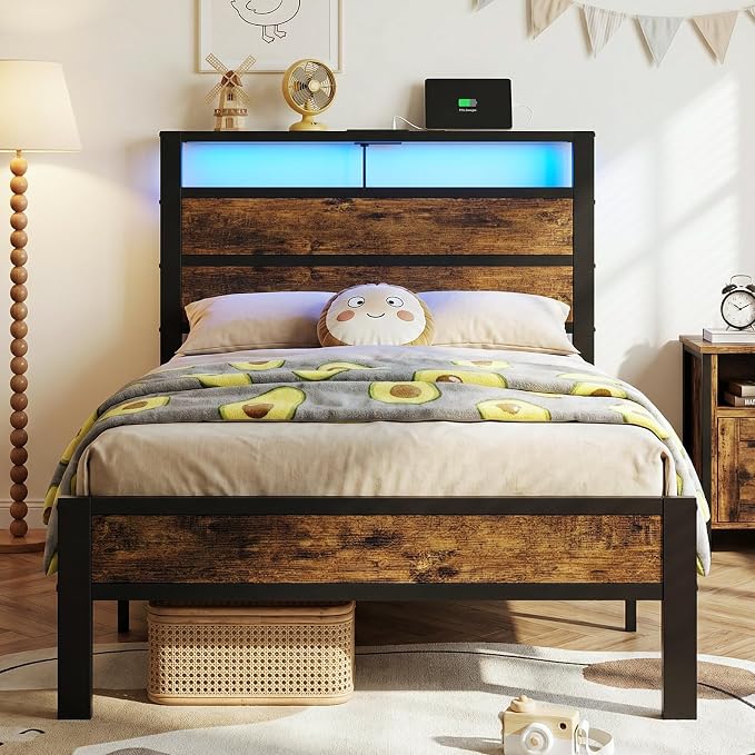 Twin Bed Frame with LED Lights & USB Charging Station | Metal Platform Bed with Storage Headboard, Under Bed Space, Noise Free, No Box Spring Needed, Easy Assembly, Brown