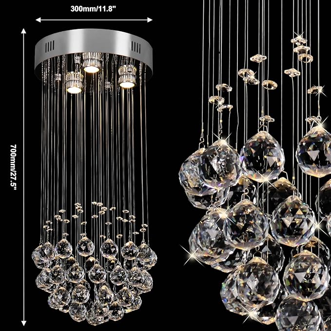 CLAIRDAI Modern Chandeliers Crystal Round Raindrop Chandelier Lighting Flush Mount Ceiling Light Fixture Crystal Raindrop Pendant Light for Living Entryway Room Dining Room,3*GU10 Bulbs