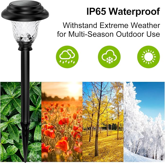 Glass Solar Lights Outdoor waterproof, 2 Pack Super Bright Solar Pathway Lights, Up to 12 Hrs Long Last Auto On/Off Garden Lights Solar Powered, Stainless Steel LED Light For Yard Landscape Warm White