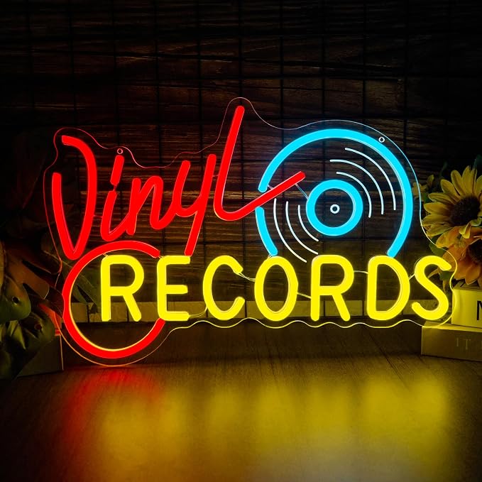 Neon Record Sign - Vintage Record Store Retro Light, Vinyl Record Decor LED Sign for Music Room, Home Studio & Man Cave, Retro Wall Art Gift for Audiophiles and Collectors(16.8 * 10.9inch)