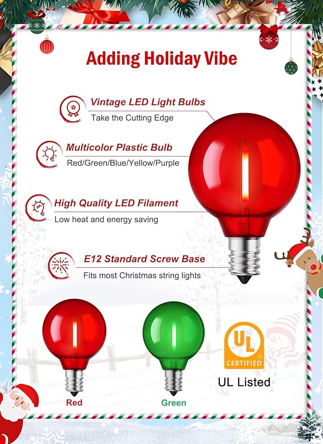 Brightown 25 Pack G40 LED Christmas Replacement Light Bulbs, UL Listed, 1 Watt E12/C7 Candelabra Base Plastic Shatterproof LED Globe Edison Bulbs, Easily Screw in Strings Spools Strands, Red & Green