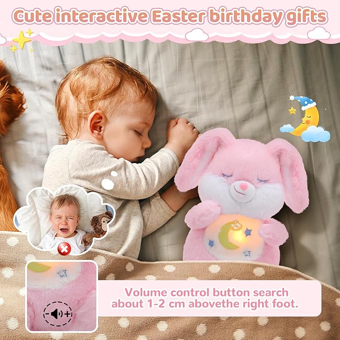 Breathing Stuffed Animal, Soothe Snuggle Pink Easter Bunny Stuffed Animal for Anxiety Adults and Kids, Volume Control Soothing Bunny Plush with Realistic Breathing and Lights, Easter Basket Stuffers