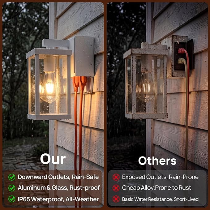 Porch Lights with GFCI Outlets Dusk to Dawn Outdoor Wall Lights Waterproof Exterior Lighting Fixtures Modern Outside Lights Wall Mount for House Patio Garage,White,11.8''H, 2 PC
