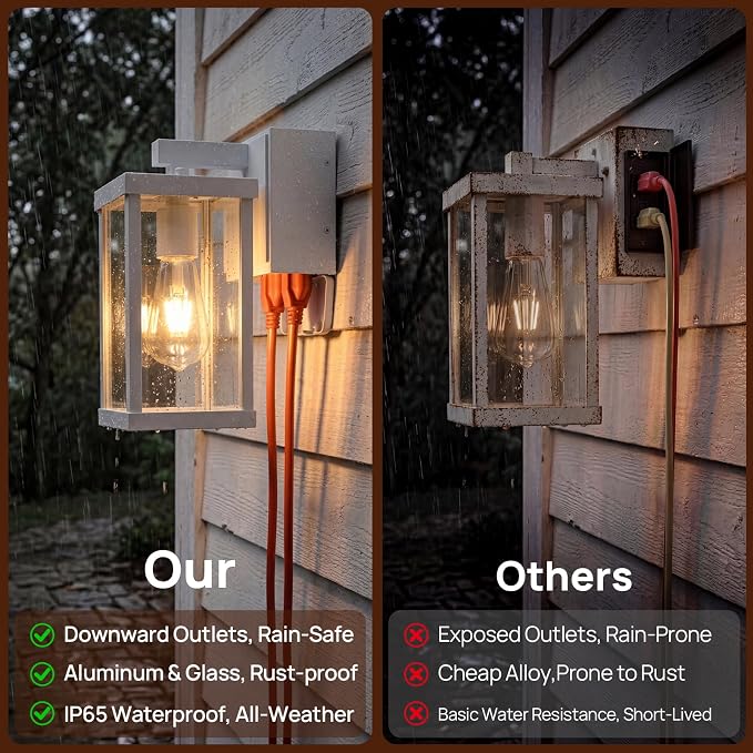 Porch Lights with GFCI Outlets Dusk to Dawn Outdoor Wall Lights Waterproof Exterior Lighting Fixtures Modern Outside Lights Wall Mount for House Patio Garage,White,11.8''H,1PC