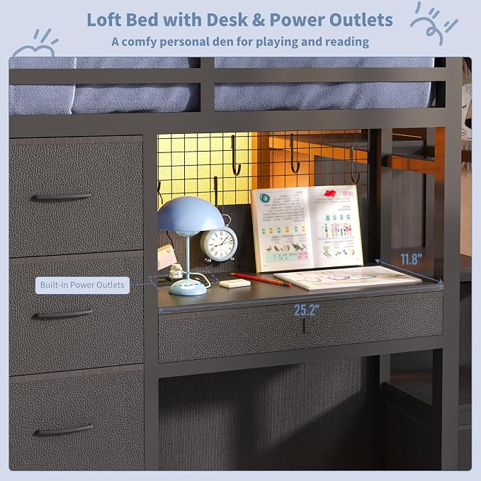 Twin Loft Bed with Desk, 12 Drawers, RGB Lights & Wide Step Stairs, Black | Built-in Power Outlet, Clothes Rack, Pockets, Display Grid, Under Bed Play Fort, 11.8''H Safety Guardrail & Ladder