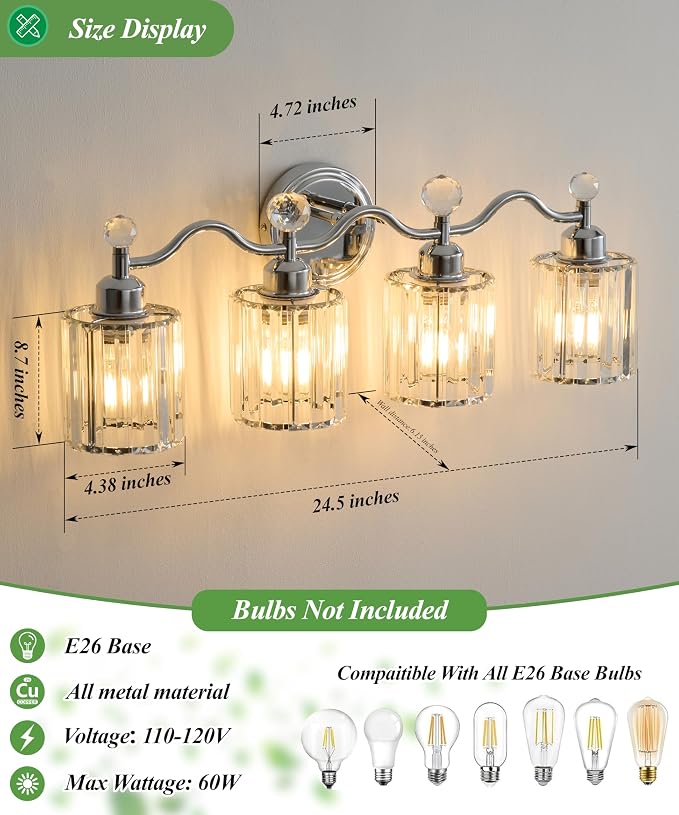Bathroom Light fixtures,Chrome Vanity Lights for Bath,4-Lights Bathroom Vanity Lights Fixture with Clear Crystal Glass Shade, Modern Wall Light Over Mirror, Wall Sconces Light for Hallway