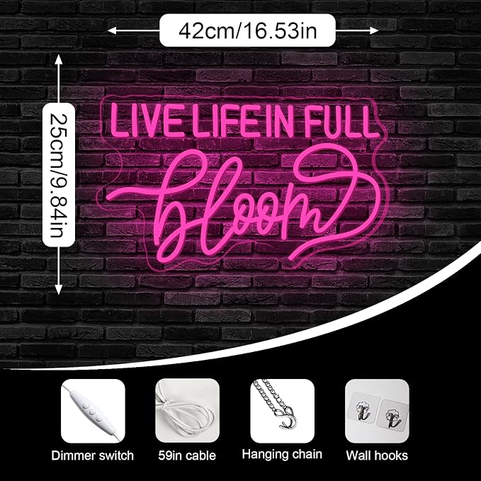 Live Life In Full Bloom Neon Sign, LED Neon Light Wall Decor for Wedding, Bridal Shower, Party & Photoshoot, Light Up Sign for Home, USB Dimmable