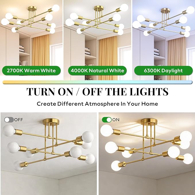 Modern Sputnik Chandelier Ceiling Light Fixtures, 8-Lights Mid Century Industrial Metal Semi Flush Mount for Dining Room, Bedroom, Living Room-Brushed Gold