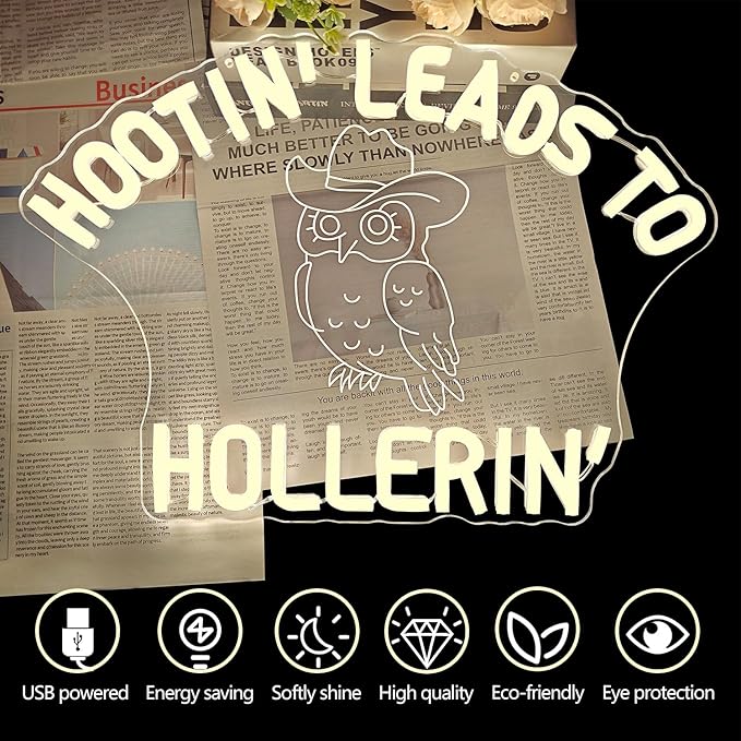 Hootin' Leads To Hollerin' Neon Sign for Wall Decor Western Country Led Sign Owl Light Up Sign Western Cowboy Neon Light for Music Festival Country Bar Restaurant Funny Home Room Party Decorations
