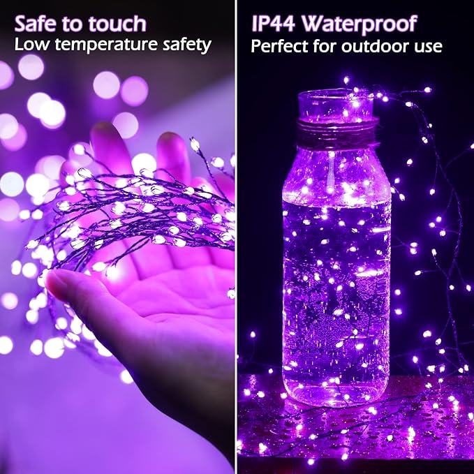 Halloween Fairy Lights Plug in, String Lights for Halloween Decorations | 10FT 200LEDs, 1 Pack with Remote, Purple, Waterproof Firecracker Lights for Ceiling Window Bar Haunted Theme Halloween Decor