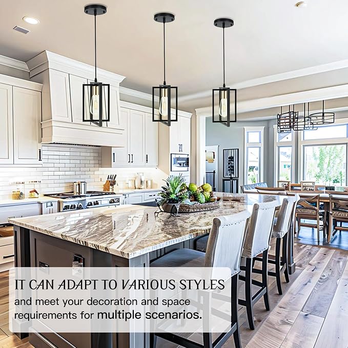 3 Pack Pendant Lights Kitchen Island Black Pendant Light with Metal Shades | Industrial Pendant Lights, Adjustable Cords for Flat or Sloped Ceilings, E26 Base, for Dining Room, Entryway, Restaurant