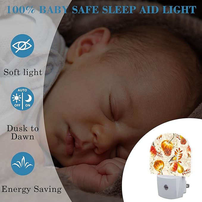 Autumn Fall Pumpkins and Leaves Night Light Plug into Wall with Dusk to Dawn Sensor Cute Nightlight for Kid Girls Boys Women Men Room Decor, Hallway, Kitchen, Bathroom, Nursery, Stairs