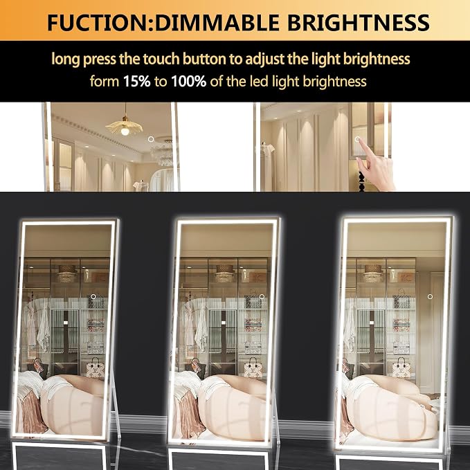 Hasipu Full Length Mirror with Lights, 79" x 36" LED Lighted Floor Standing, Full Body Dressing Hanging Mounted Mirror, Tempered Glass, Square White