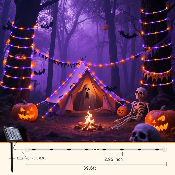 33FT 135 LED Solar Rope Lights Outdoor Waterproof, Purple and Orange Solar String Lights for Outside, 8 Modes Solar Powered Fairy Light for Party Garden Yard Fence Holiday Decorations