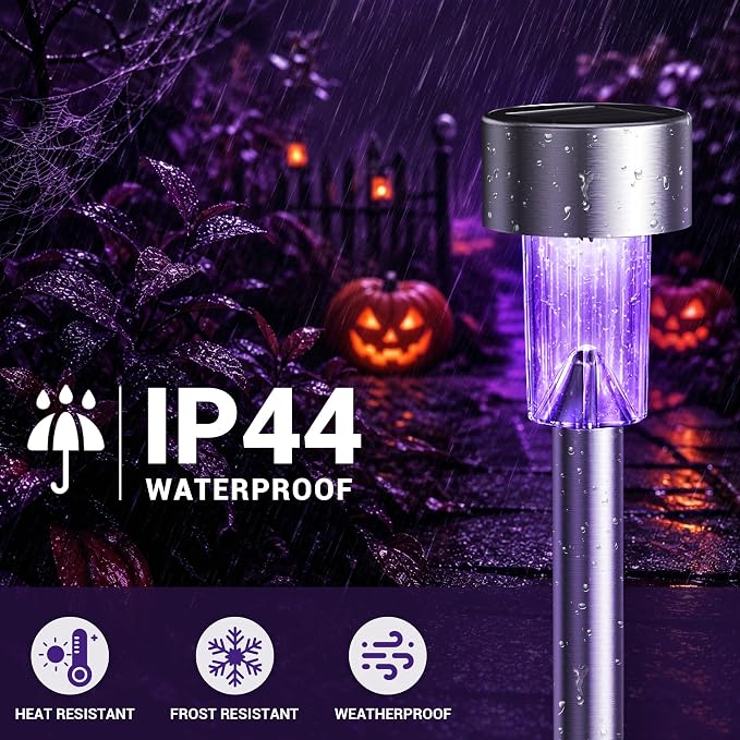 GIGALUMI 16 Pack Purple Solar Halloween Lights,Outdoor Halloween Decoration | Halloween Solar Lights Outdoor Waterproof, Halloween Decor for Yard,Garden,Pathway,Patio,Walkway,Party,Stainless Steel LED