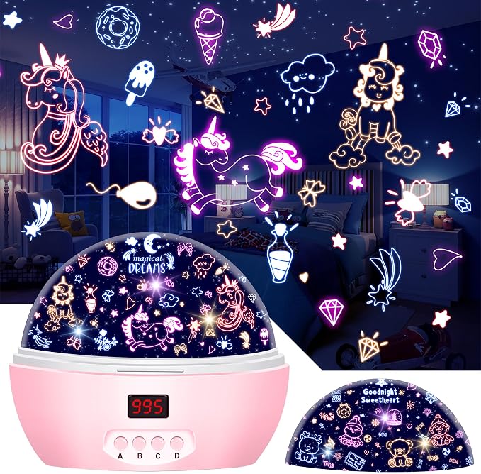 MOKOQI Kid Unicorn Night Light for Girls with Timer | Girl Night Lights Rotating Light Projector for Bedroom Christmas Birthday Gifts for 3-8 Year Old Girls