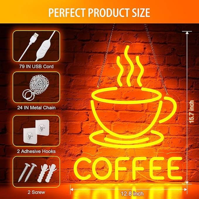 Coffee Neon Sign for Wall Decor Dimmable Modern Led Sign for Cafe Shop, USB Powered Coffee Cup Neon Signs Light Up for Cafe Station Accessories Art Decor Party Decorations(15.7 * 12.8inches)