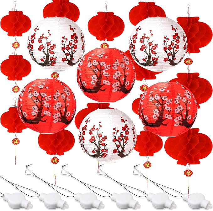 Tuanse 30 Pcs Chinese Japanese Paper Lanterns with LED Light, 2026 Chinese Lunar New Year Decoration Cherry Blossom Red Hanging Lanterns for Spring Festival Home Decor(12 Inch,Red, White)
