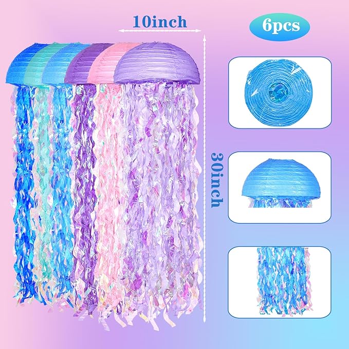 10" Mermaid Jellyfish Lanterns – Pink Purple Blue Decorations for Mermaid Birthday Party, Under the Sea Theme, Baby Shower, Ocean & Beach Room Hanging Decor (Set of 6)