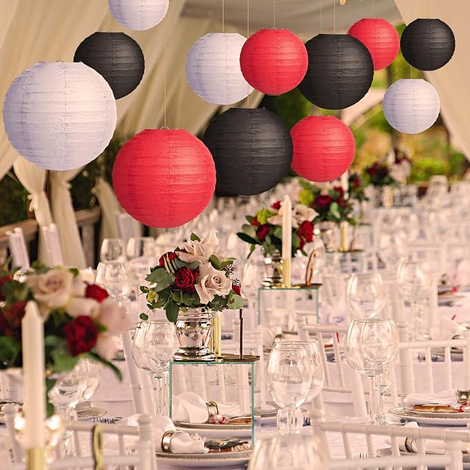 Tenare 12 Pcs Traditional Round Paper Wedding Lantern 4 Size 4, 6, 8, 10 Inch Decorative Ball Hanging Chinese Japanese Paper Lantern for Birthday Party(Black, White, Red)