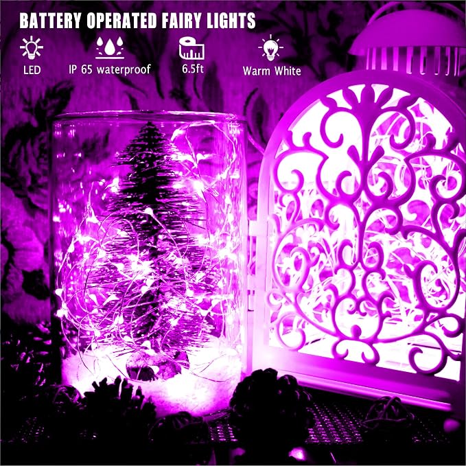 6 Pack Fairy Lights Battery Operated 10ft Silver Wire 30LEDs Pink | No Remote,Battery Operated Fairy Lights,Waterproof Silver Wire, Micro Starry Lights for DIY Wedding Centerpiece Table Décor
