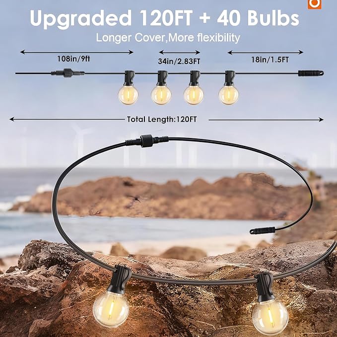 Yusist 120ft Outdoor LED Globe String Lights Dimmable Waterproof Shatterproof Light Strings with 40 G40 Bulbs Connectable Commercial Hanging Lights for Patio House Backyard