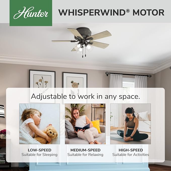 Hunter Crestfield, Indoor, Ceiling Fan, Quiet, 42 inch, Noble Bronze | with LED Lights and Pull Chain, Low Profile Flush Mount, 5 Blades, For Bedroom, Living Room, Kitchen, 52153