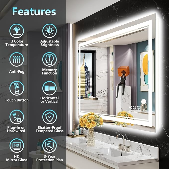 48x30 LED Bathroom Mirror, Backlit & Front Lit Lighted Mirror | Anti-Fog Vanity Mirror with Lights, 3 Color Dimmable, Memory, HD Tempered Glass, CRI95, IP54, UL Listed, Horizontal/Vertical