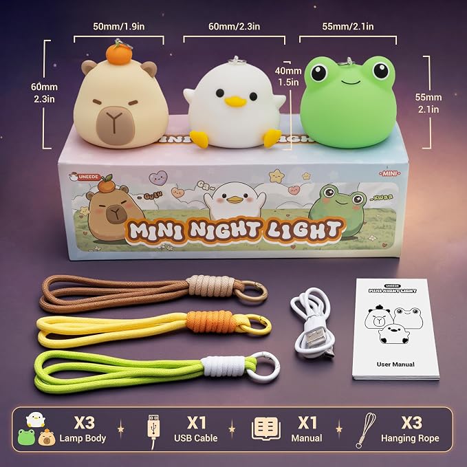 UNEEDE 3 Pack Mini Animal Night Light Set, Mini Capybara, Frog & Duck Lamp | 8 Color Changing Rechargeable Night Light for Kids,with Lanyards Silicone Squishy Kawaii Room Decor, Gifts
