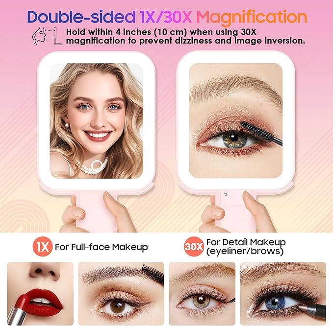 Magnifying Travel Mirror with Light, 30X/1X Double-Sided Magnifying Mirror with 3 Color Lights, Brightness Adjustable,Foldable Handheld Makeup Mirrors Portable for Travel and Desktop Use, Pink