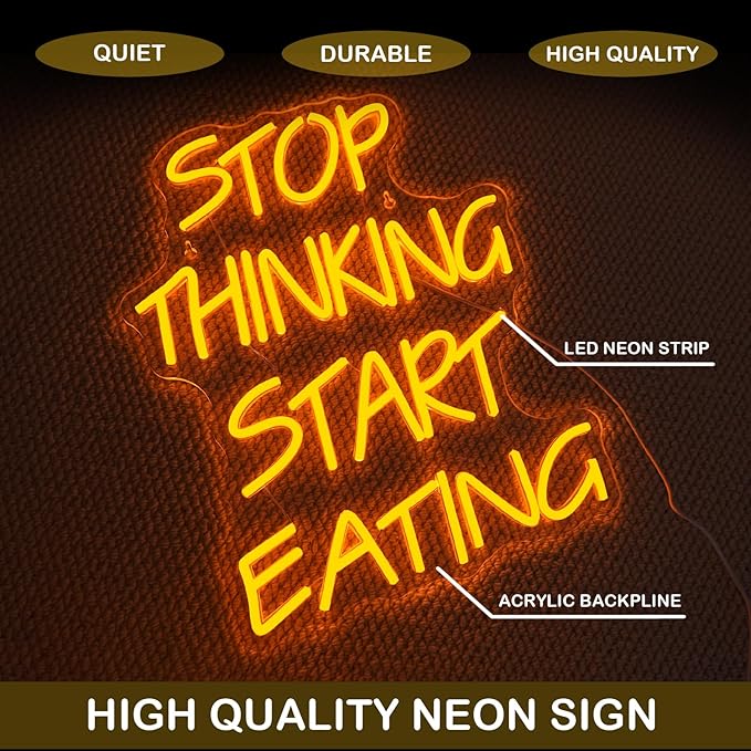 Stop Thinking Start Eating Neon Sign - Fun LED Wall Decor for Restaurants, Kitchens & Food Lovers, USB-Powered with Adjustable Brightness, Humorous Dining Lighting
