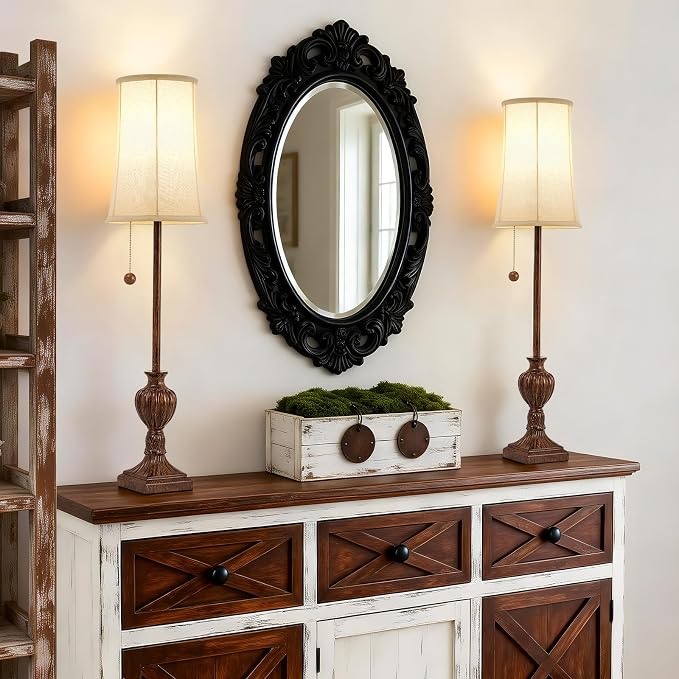 Buffet Table Lamps Set of 2 - 28" Tall Skinny Brown Resin Table Lamp for Living Room - Traditional Vintage Farmhouse Buffet Lamp with Pull Chain for Console Table,Dining Sideboard,Entryway,Bedroom