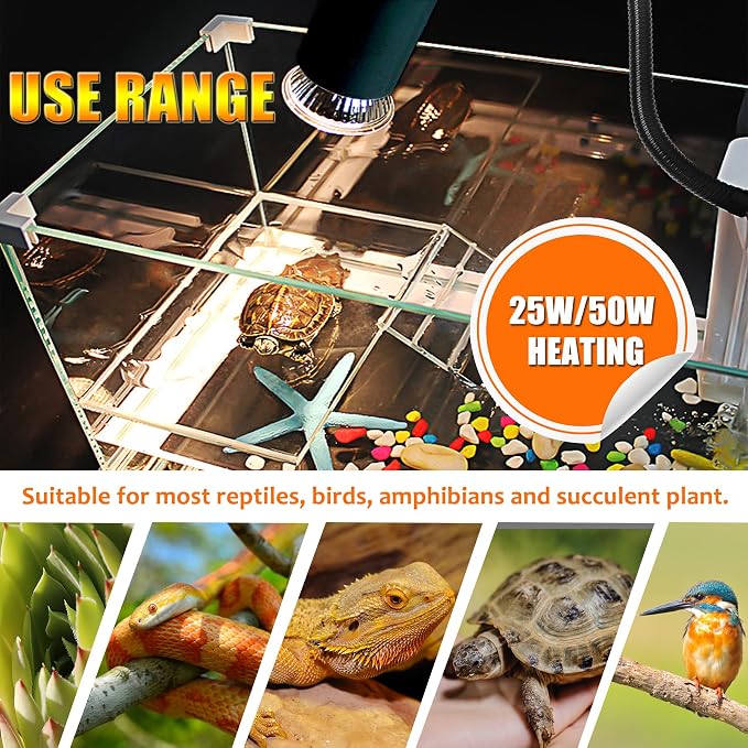 Timed Reptile Heat Lamp with Clamp, Adjustable UVA/UVB Basking Light, 360° Rotatable Clip and Power Adapter for Aquarium (Bulb Included)