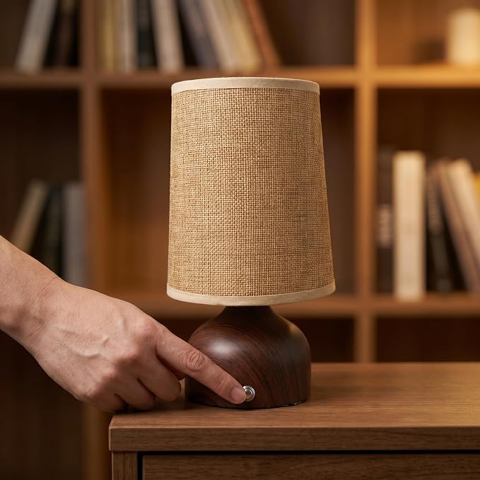 Small Cordless Table Lamp with Fabric Shade, 3 Color Temperature Stepless Dimming Rechargeable Battery Operated Nightstand Lamp, Wood Grain Bedside Lamp for Bedroom Living Room Home Decor