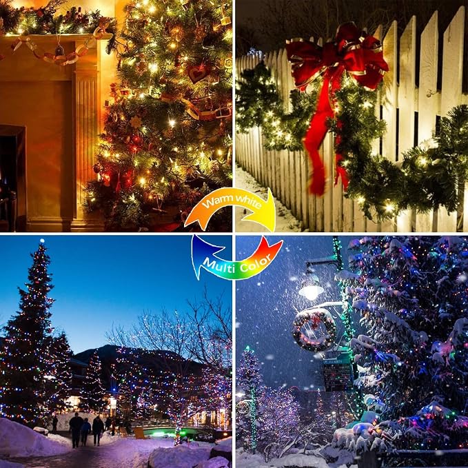 Solar Christmas String Lights Outdoor 2Pack 200LED, Warm White ⇋ Multicolor | Fairy Lights Waterproof, 8 Modes, Memory, Auto On/Off, Copper Wire Twinkle Lights for Outside Garden Tree Christmas Decor
