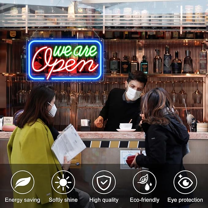 Neon We Are Open Signs for Business, 16.5''x 9'' Open Sign LED, Super Bright & Easy to Spot, High Visibility Advertisement Board Electric Display Sign Ideal for Window, Party, Wall, Bars, Coffee Shops, christmas(USB Powered)