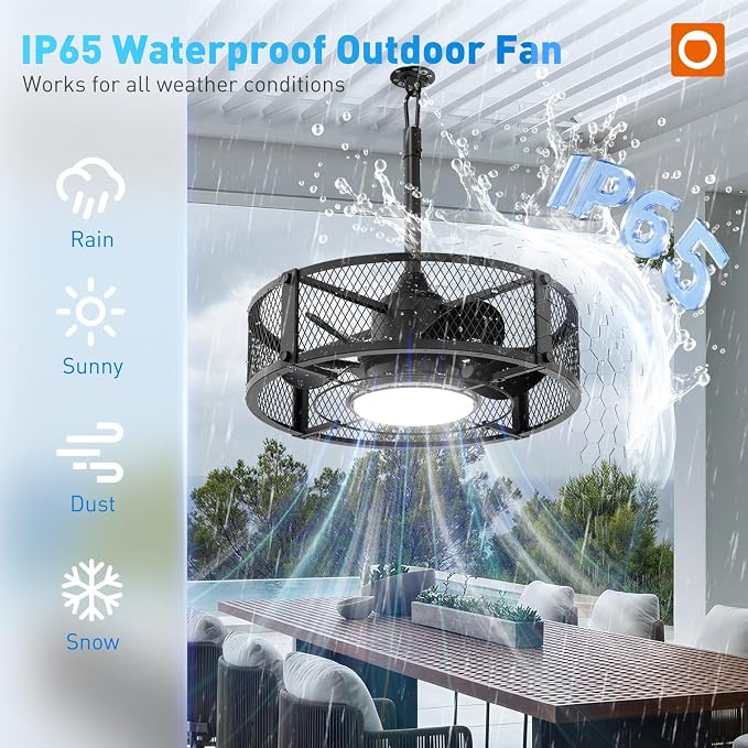 addlon 20" Outdoor Ceiling Fan with Light for Patio, IP65 Plug in Caged Fan | Waterproof, Hanging Hook, Reversible DC Motor, 6 Speeds, Remote Control, Quiet Operation, Timer, for Gazebo, Patio, Porch