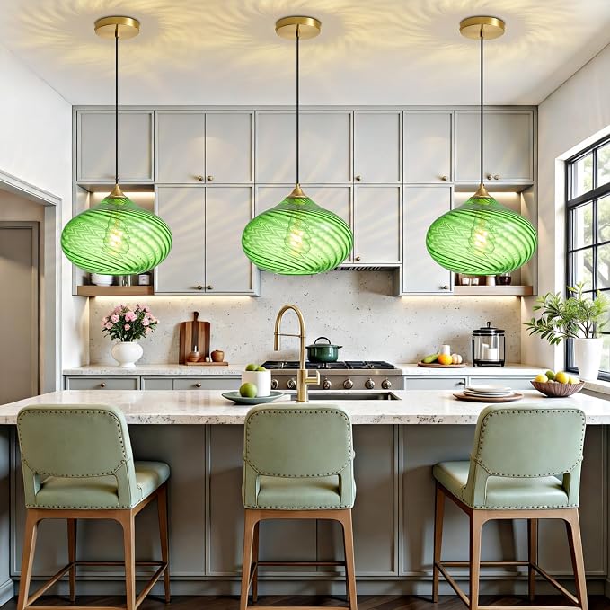 11in Gold Pendant Lights Kitchen Island with Green Glass Shade 1Pack | Handcrafted Glass Pendant Light Fixtures, UL Certified, E26 Base 100W Max, Height-Adjustable, Dimmable Hanging Pendant Light