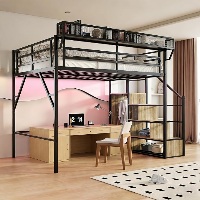 Queen Size Metal Loft Bed with Storage Shelf Built-in USB Port | Heavy Duty Loft Bed with Storage Stairs & Wardrobe+ LED Lights, Large Under-Bed Area, Noise Free, No Box Spring Needed