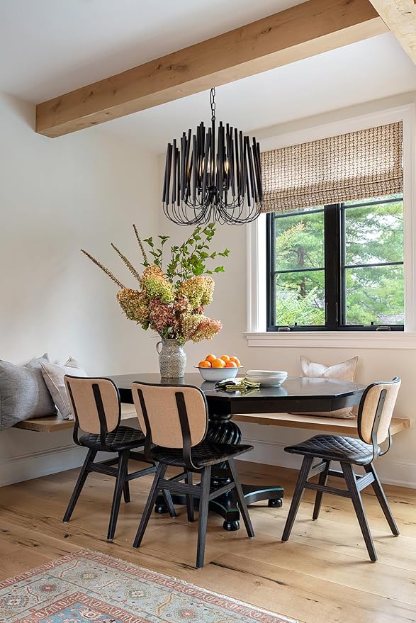 TOCHIC Modern Farmhouse Chandelier for Dining Room 18", Small Vintage Black Wood Chandeliers Light for Living Room, Rustic Pendant Lighting Fixture Ceiling Hanging for Foyer Bedroom Entryway