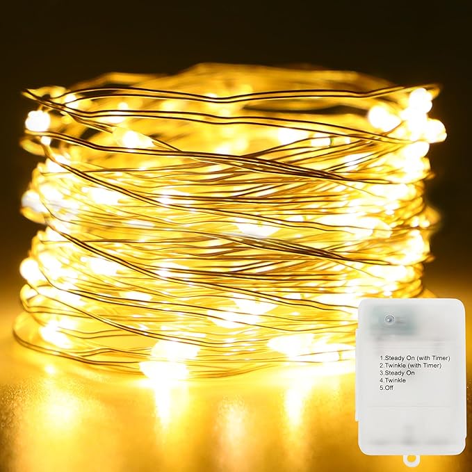 Timer Fairy Lights Battery Operated Twinkle Lights with 5 Modes | 16.4Ft 50 LED Silver Copper Wire Battery Wreath Lights for Home Christmas Wedding Indoor Outdoor Decor, Warm White