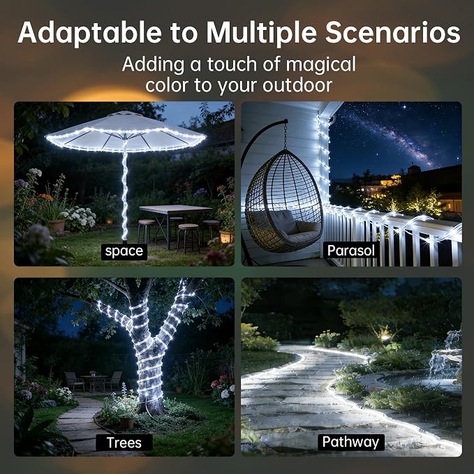 Solar Rope Lights for Outside, 2 Packs Total 66ft 200 LED Solar String Lights with 8 Modes, Waterproof Solar Outdoor Light for Patio Garden Party Tree Porch Pool Holiday Xmas Decor-White