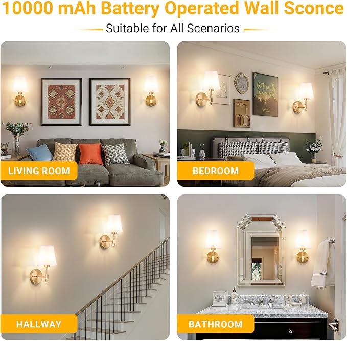 Vimhou Peel and Stick Wall Sconces, Stick On Wall Sconce Set of 2, Battery Operated Wireless Wall Light, No Drill Adhesive Wall Lamp, Corn Bulb with 10000mAh Rechargeable Battery, Bedroom Wall Decor