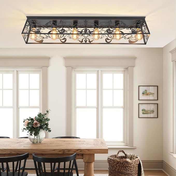 Garwarm 45 Inch Black Rectangular Chandelier, 6-Light Flush Mount Fixture | Farmhouse Kitchen Ceiling Light,Black Chandeliers for Dining Room,Kitchen Islands ,Living Rooms and Large Spaces