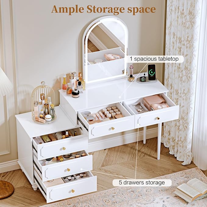 Ieejdn Cream,Vanity Desk with Mirror and Lights,Makeup Vanity with Power Outlet and Adjustable Cabinet,Modern Makeup Table with 3 Drawers for Bedroom Makeup Room0032