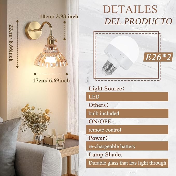 Vintage Battery Operated Wall Sconces Set Of Two, Indoor not Hardwired Brass Amber Glass Lampshade Fixtures,Rechargeable Wireless RGB Wall Lights with Dimmable Remote Control,for Bedroom Living Room